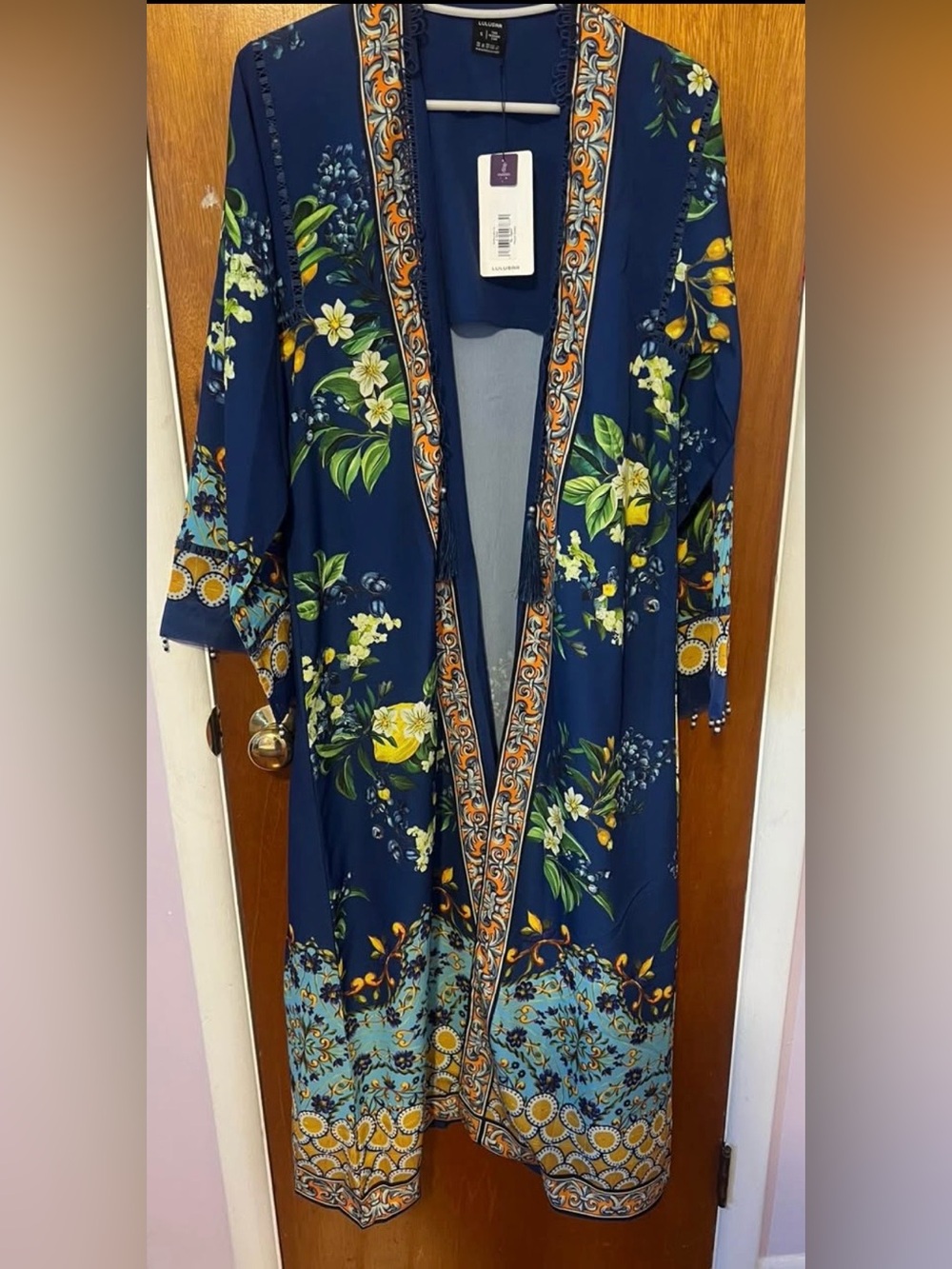 Navy Floral Kimono Duster with Orange Trim